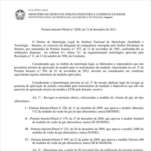 Portaria DIMEL/INMETRO 296:2013 - Situação: Em vigor