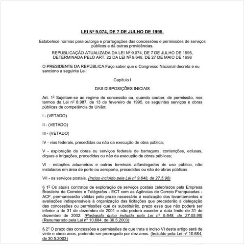 Lei número 9074 de 07/07/1995 Íntegra