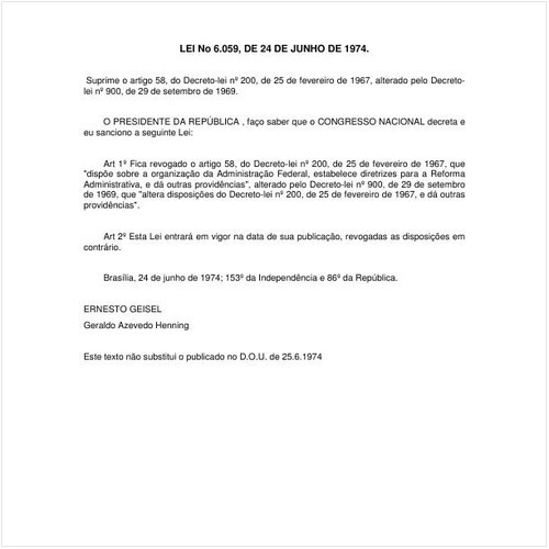 Lei número 6059 de 24/06/1974 Íntegra