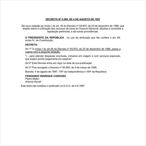 Decreto PRESI/PRESI 2289:1997 - Situação: Em vigor