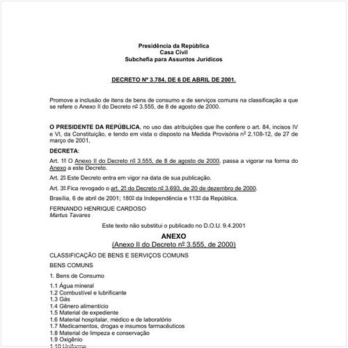 Decreto CC/PRESI 3784:2001 - Situação: Em vigor