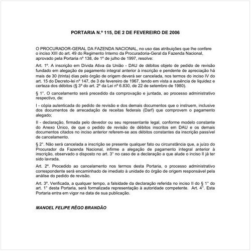 Portaria PGFN/MF 115:2006 - Situação: Em vigor