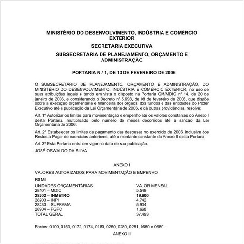 Portaria SPOA/MDIC 1:2006 - Situação: Em vigor