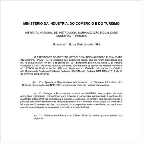 Portaria INMETRO/MICT 138:1998 - Situação: Em vigor
