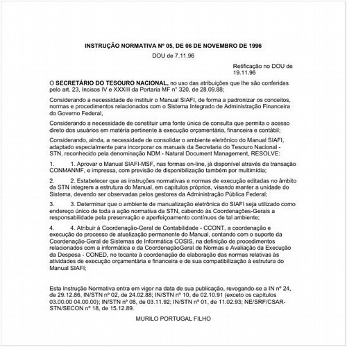 Instrução Normativa STN/MF 5:1996 - Situação: Em vigor