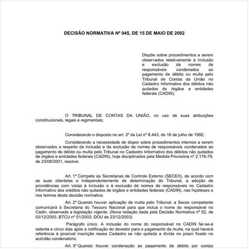 Decisão Normativa TCU/CN 45:2002 - Situação: Em vigor