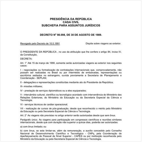 Decreto CC/PRESI 98098:1989 - Situação: Em vigor