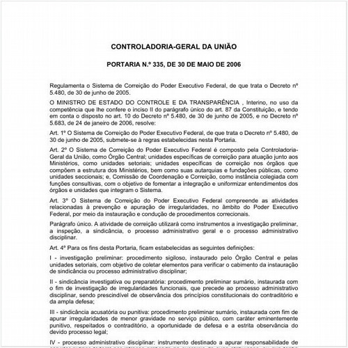 Portaria CGU/PRESI 335:2006 - Situação: Em vigor