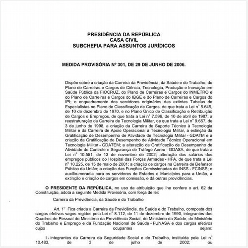 Medida Provisória CC/PRESI 301:2006 - Situação: Em vigor