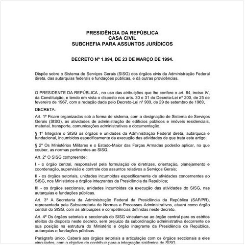 Decreto CC/PRESI 1094:1994 - Situação: Em vigor