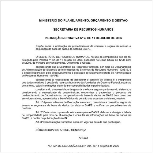 Instrução Normativa SRH/MP 4:2006 - Situação: Em vigor