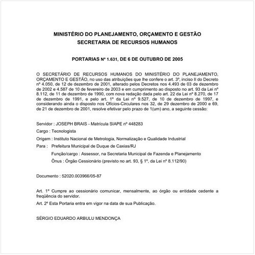 Portaria SRH/MP 1631:2005 - Situação: Em vigor