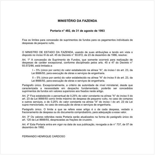 Portaria MF/MF 492:1993 - Situação: Em vigor