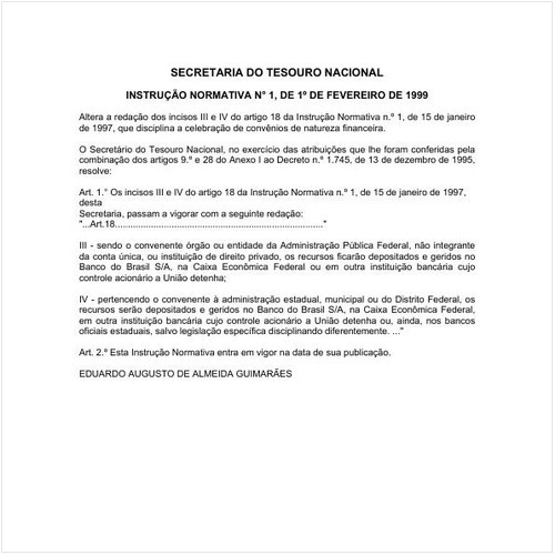 Instrução Normativa STN/MF 1:1999 - Situação: Em vigor