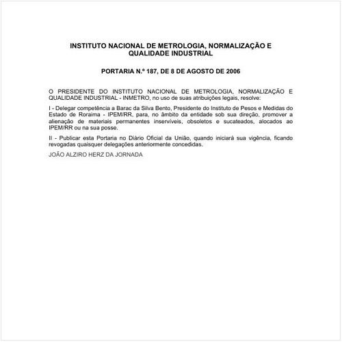 Portaria INMETRO/MDIC 187:2006 - Situação: Em vigor