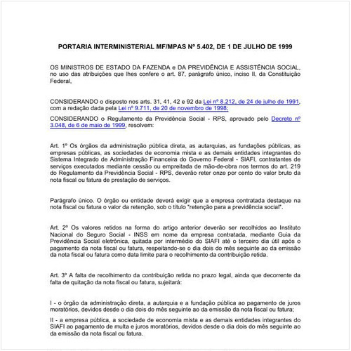 Portaria MF/MF 5402:1999 - Situação: Em vigor