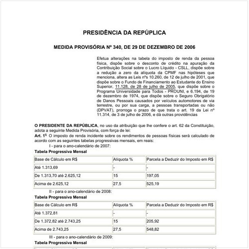 Medida Provisória PRESI/PRESI 340:2006 - Situação: Em vigor