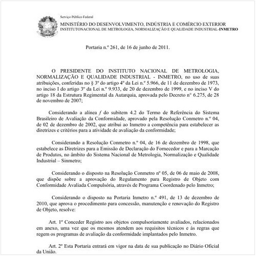 Portaria INMETRO/MDIC 261:2011 - Situação: Em vigor