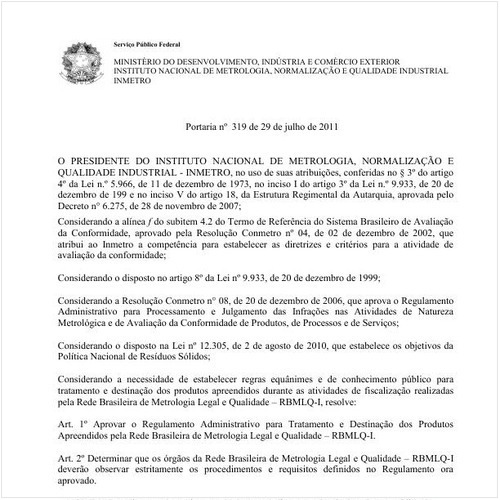 Portaria INMETRO/MDIC 319:2011 - Situação: Revogado