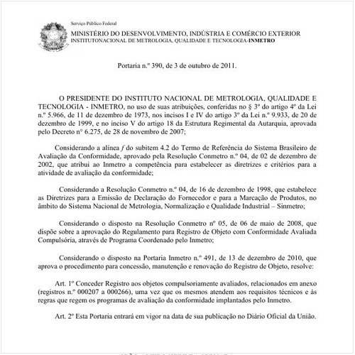 Portaria INMETRO/MDIC 390:2011 - Situação: Em vigor