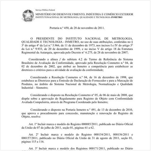 Portaria INMETRO/MDIC 450:2011 - Situação: Em vigor