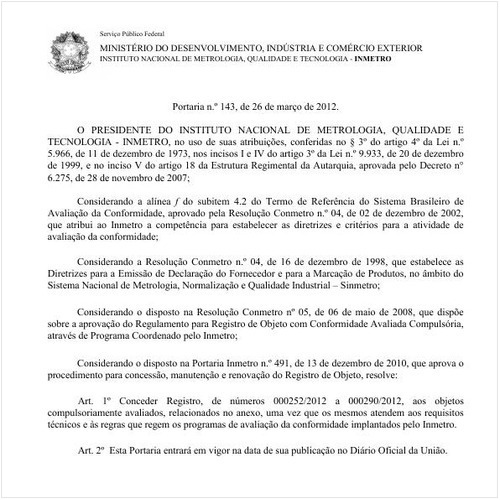Portaria INMETRO/MDIC 143:2012 - Situação: Em vigor