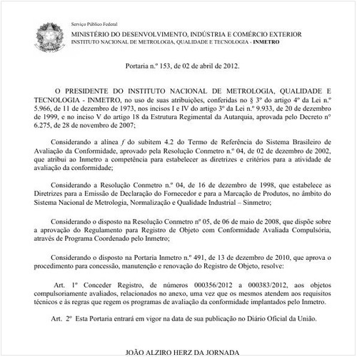 Portaria INMETRO/MDIC 153:2012 - Situação: Em vigor