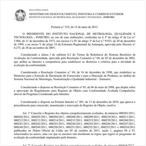 Portaria INMETRO/MDIC 253:2012 - Situação: Em vigor