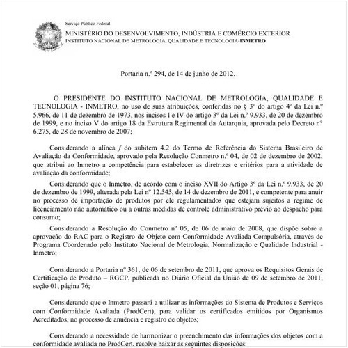 Portaria INMETRO/INMETRO 294:2012 - Situação: Revogado