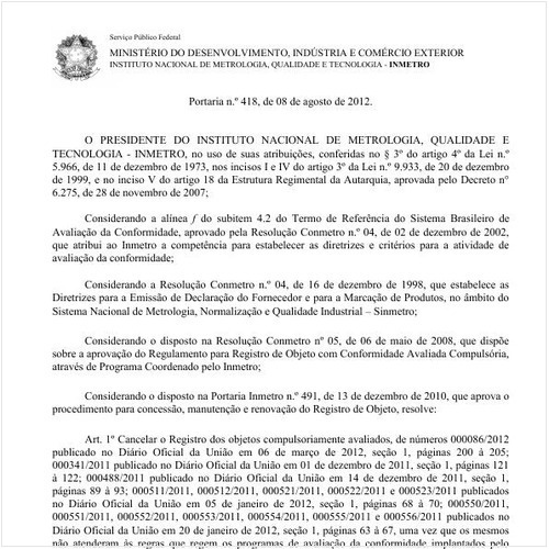 Portaria INMETRO/MDIC 418:2012 - Situação: Em vigor