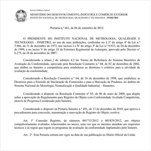 Portaria INMETRO/MDIC 461:2012 - Situação: Em vigor