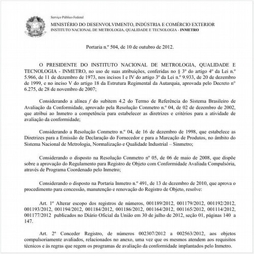 Portaria INMETRO/MDIC 504:2012 - Situação: Em vigor