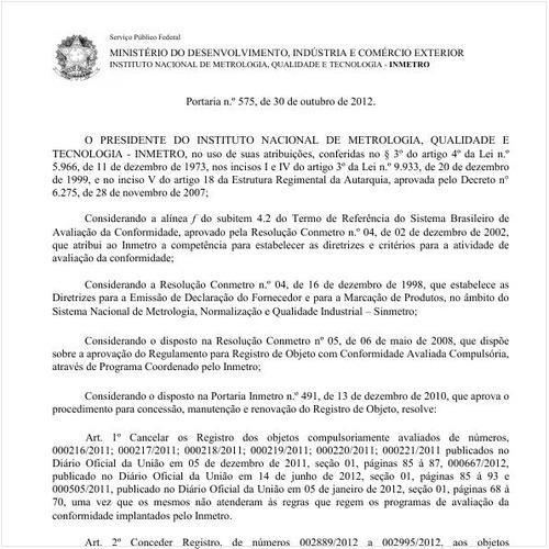 Portaria INMETRO/MDIC 575:2012 - Situação: Em vigor