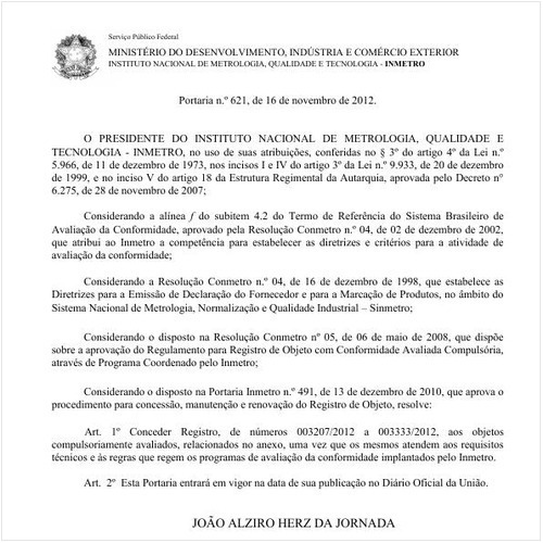 Portaria INMETRO/MDIC 621:2012 - Situação: Em vigor