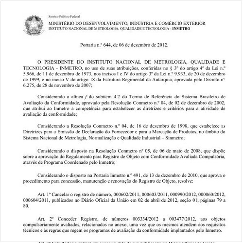 Portaria INMETRO/MDIC 644:2012 - Situação: Em vigor