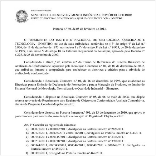 Portaria INMETRO/MDIC 60:2013 - Situação: Em vigor