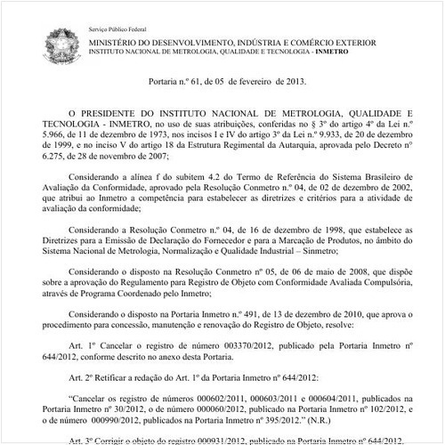 Portaria INMETRO/MDIC 61:2013 - Situação: Em vigor