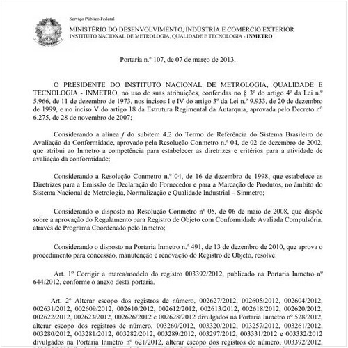 Portaria INMETRO/MDIC 107:2013 - Situação: Em vigor