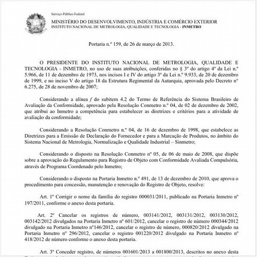 Portaria INMETRO/MDIC 159:2013 - Situação: Em vigor