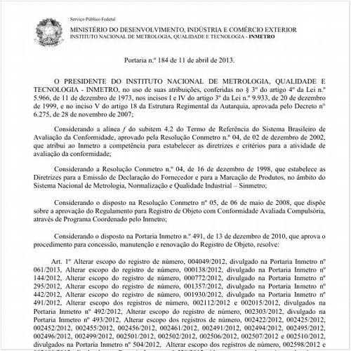 Portaria INMETRO/MDIC 184:2013 - Situação: Em vigor