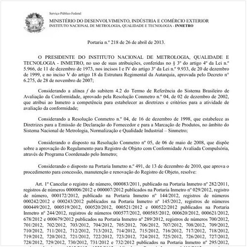 Portaria INMETRO/MDIC 218:2013 - Situação: Em vigor