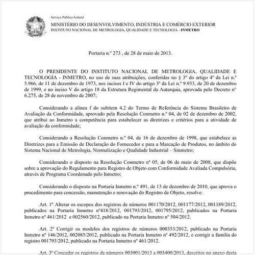 Portaria INMETRO/MDIC 273:2013 - Situação: Em vigor