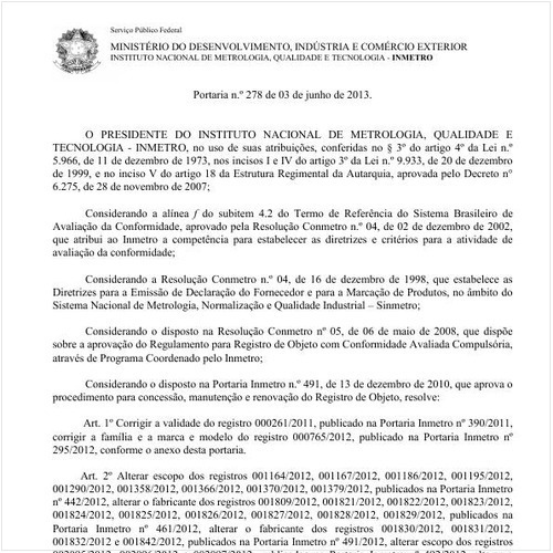 Portaria INMETRO/MDIC 278:2013 - Situação: Em vigor
