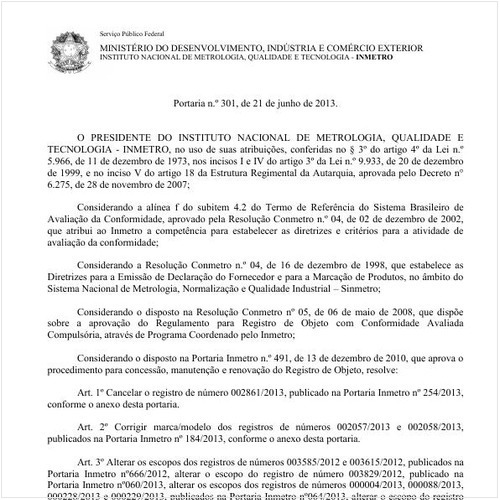 Portaria INMETRO/MDIC 301:2013 - Situação: Em vigor