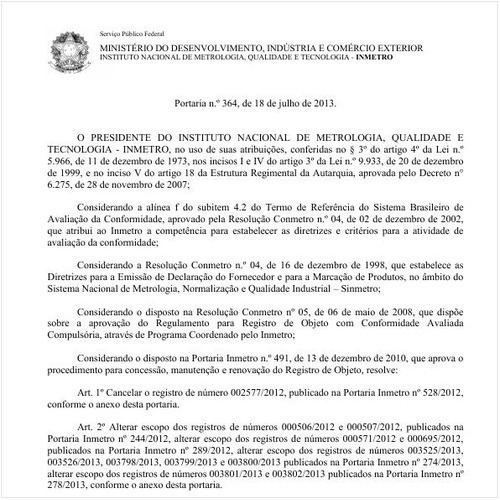 Portaria INMETRO/MDIC 364:2013 - Situação: Em vigor