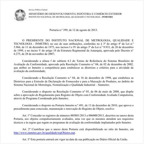 Portaria INMETRO/MDIC 399:2013 - Situação: Em vigor