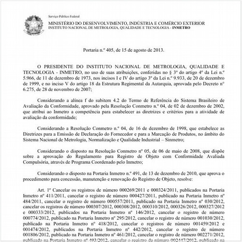 Portaria INMETRO/MDIC 405:2013 - Situação: Em vigor