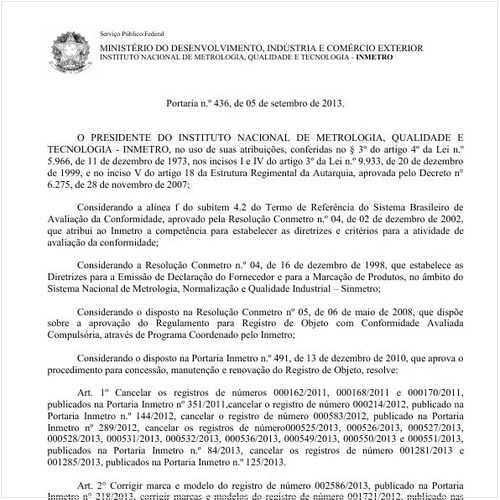 Portaria INMETRO/MDIC 436:2013 - Situação: Em vigor