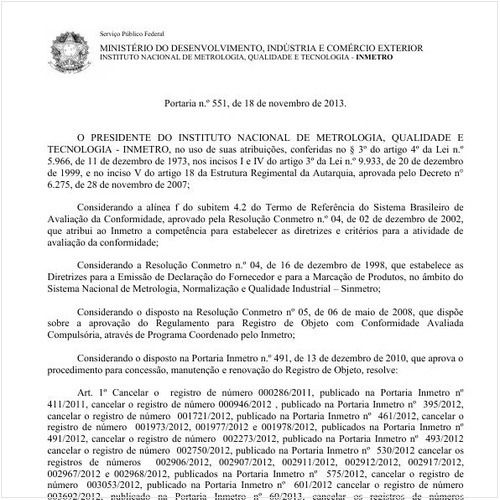 Portaria INMETRO/MDIC 551:2013 - Situação: Em vigor