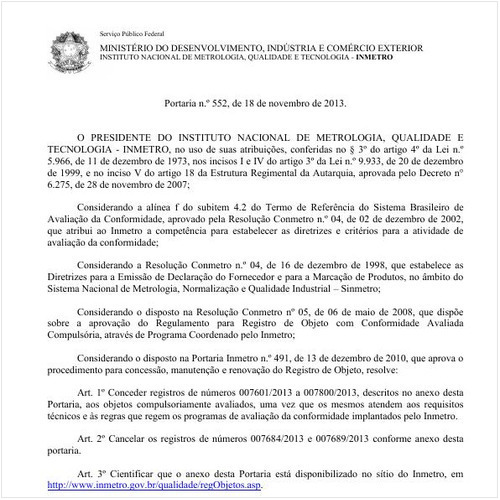 Portaria INMETRO/MDIC 552:2013 - Situação: Em vigor